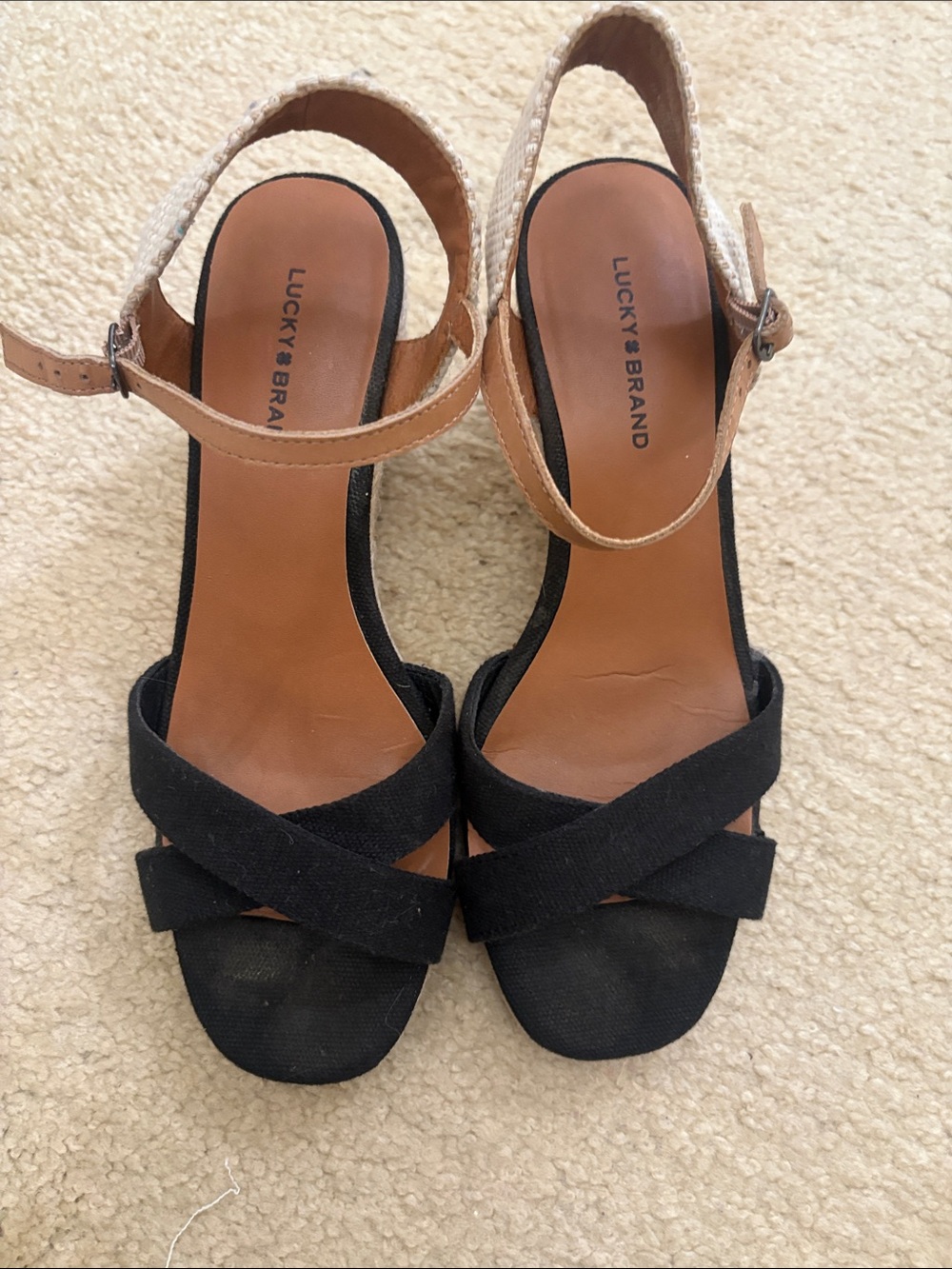 Lucky Brand Black Canvas Crisscross Heels with Tan Slingback